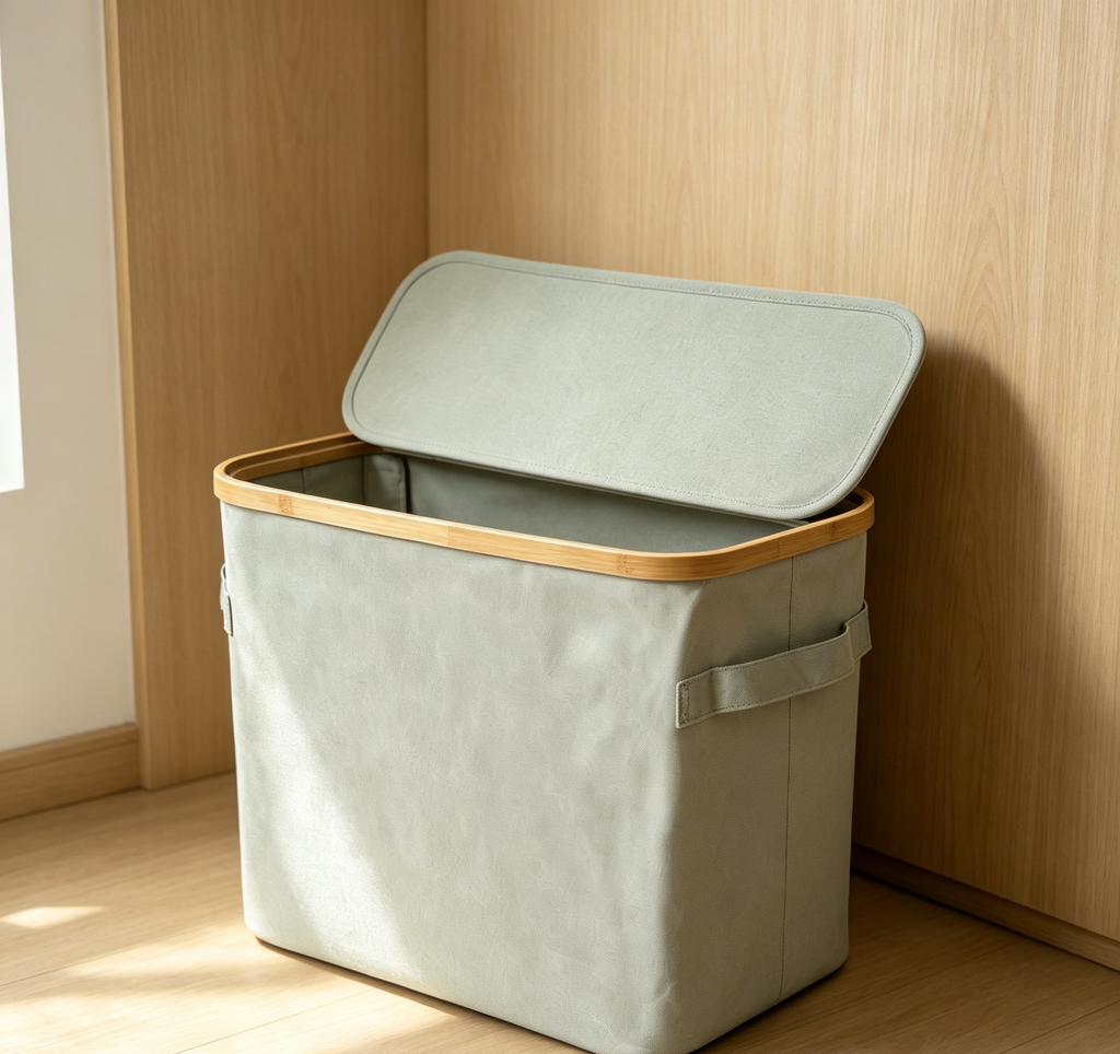 Bamboo Rim Lidded Waterproof Fabric Laundry Storage Bin