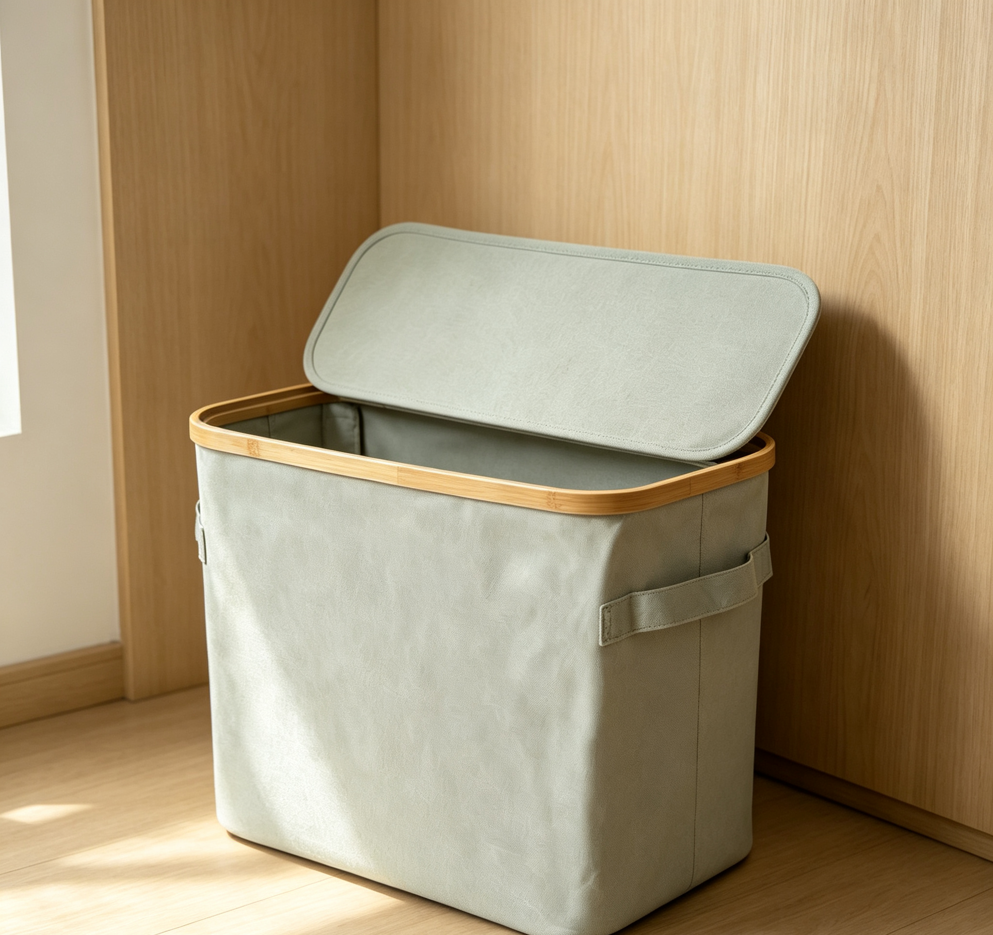 Bamboo Rim Lidded Waterproof Fabric Laundry Storage Bin
