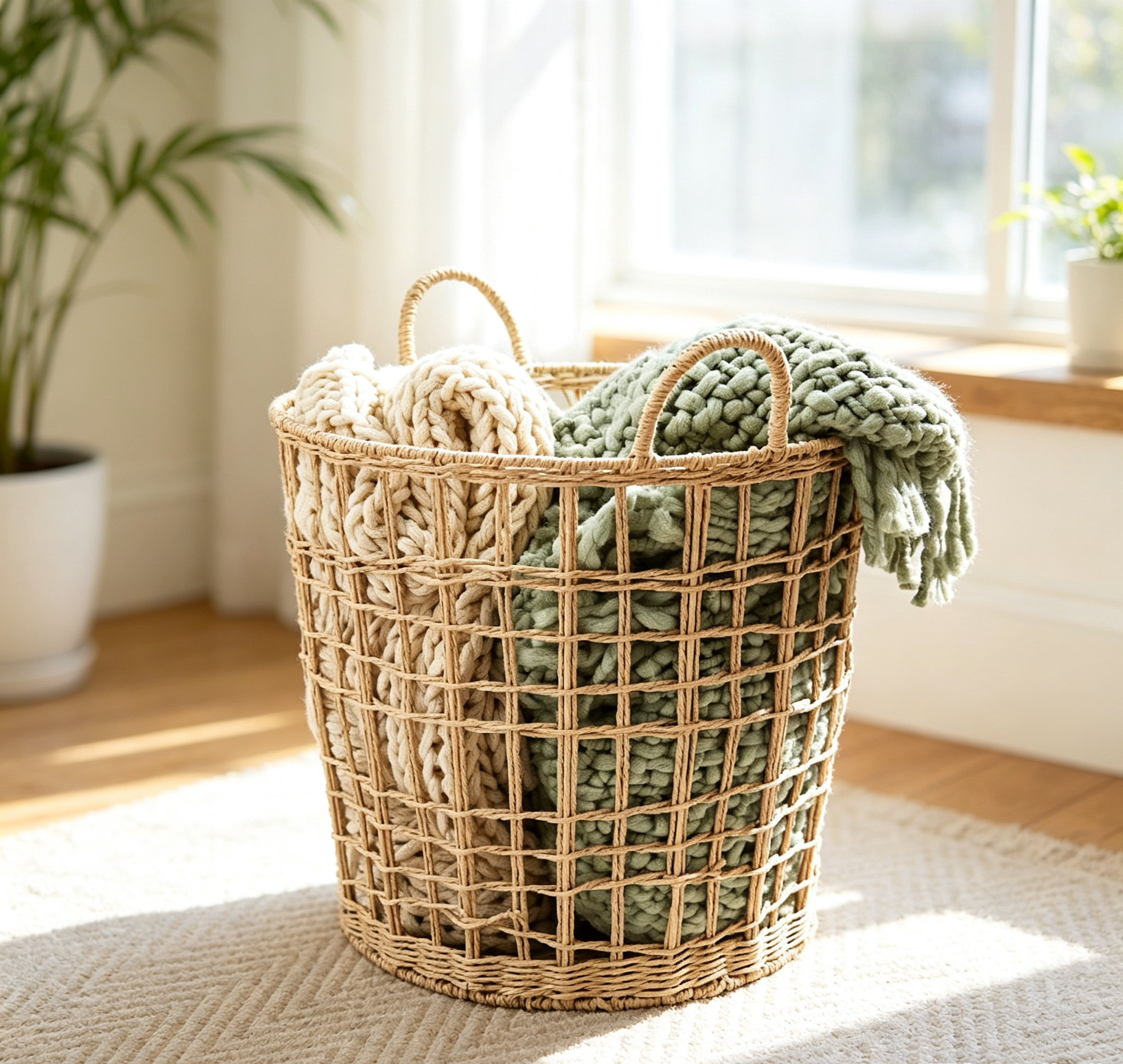 Natural Paper Rope Grid Hollow Round Laundry Basket with Double Handles