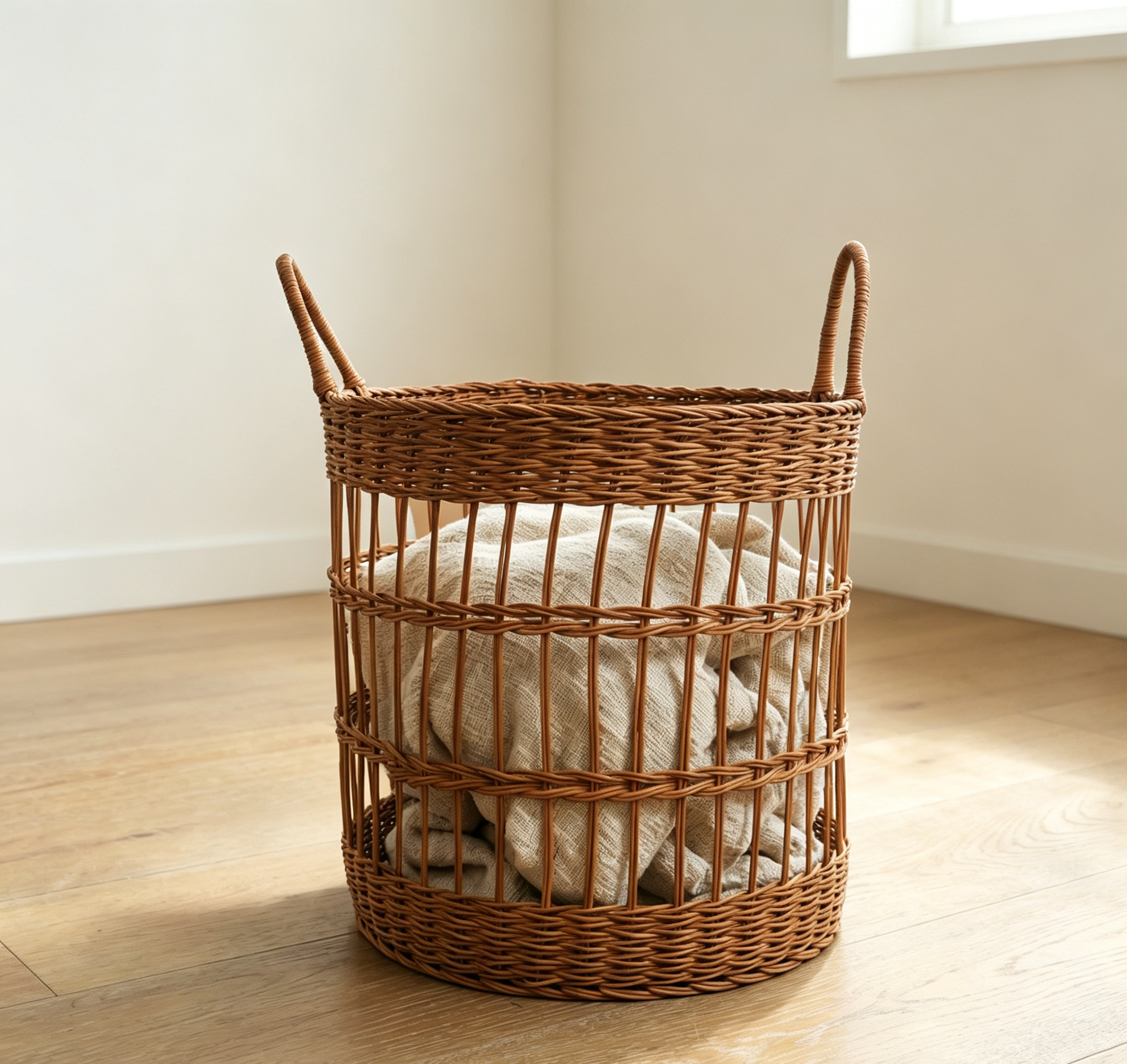 Round Rattan-Look Laundry Basket with Double Handles & Hollow Design