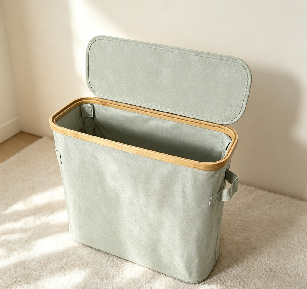 Bamboo Rim Lidded Waterproof Fabric Laundry Storage Bin