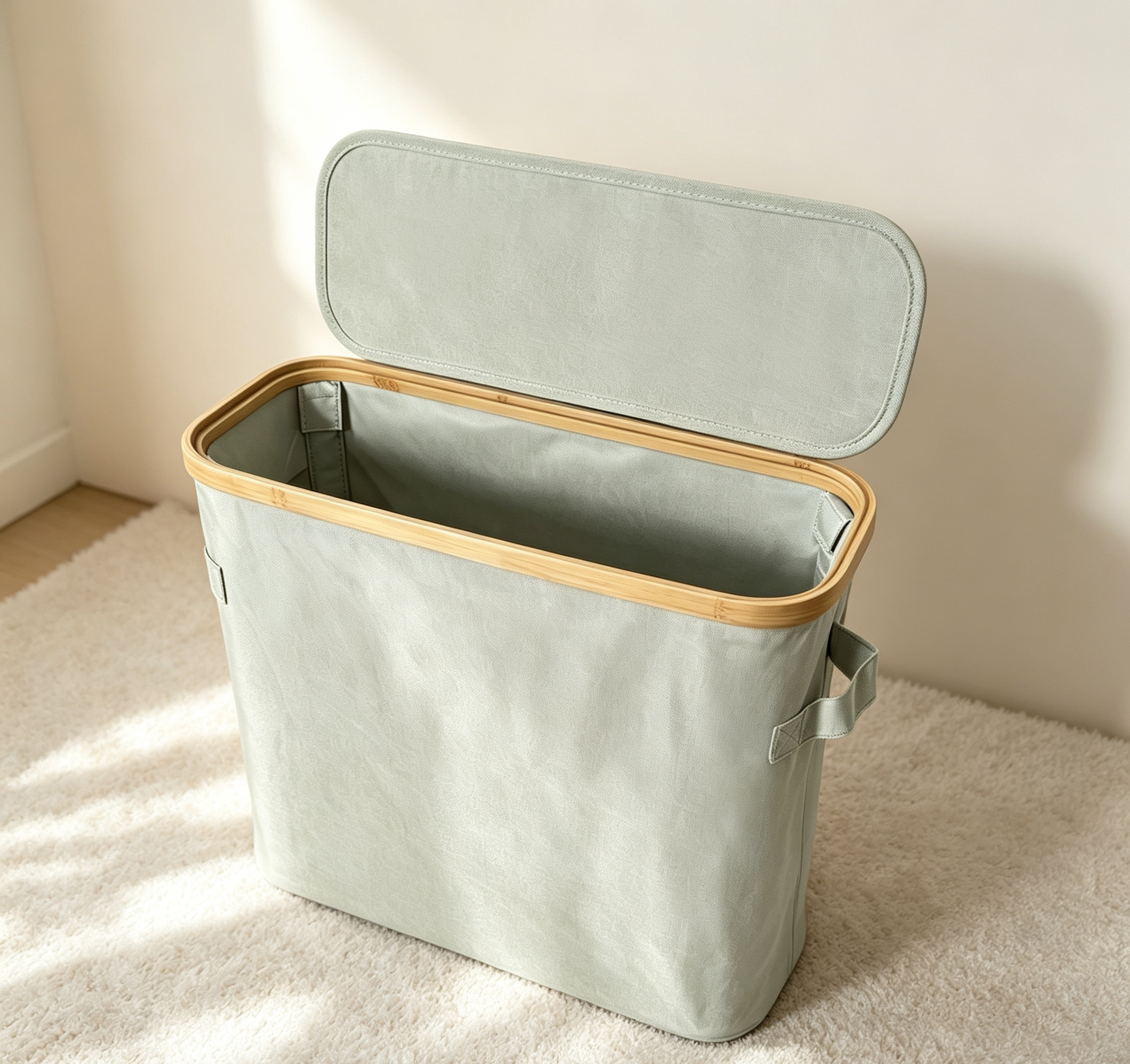 Bamboo Rim Lidded Waterproof Fabric Laundry Storage Bin