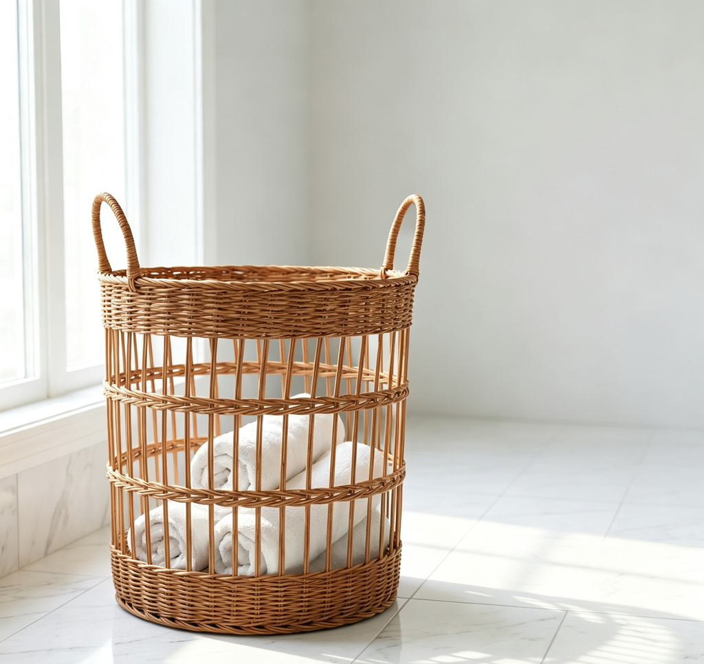 Round Rattan-Look Laundry Basket with Double Handles & Hollow Design