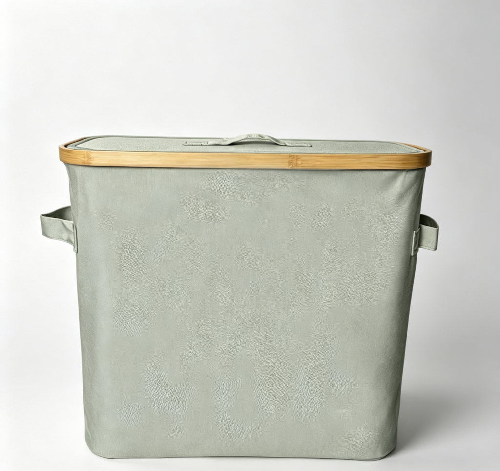 Bamboo Rim Lidded Waterproof Fabric Laundry Storage Bin