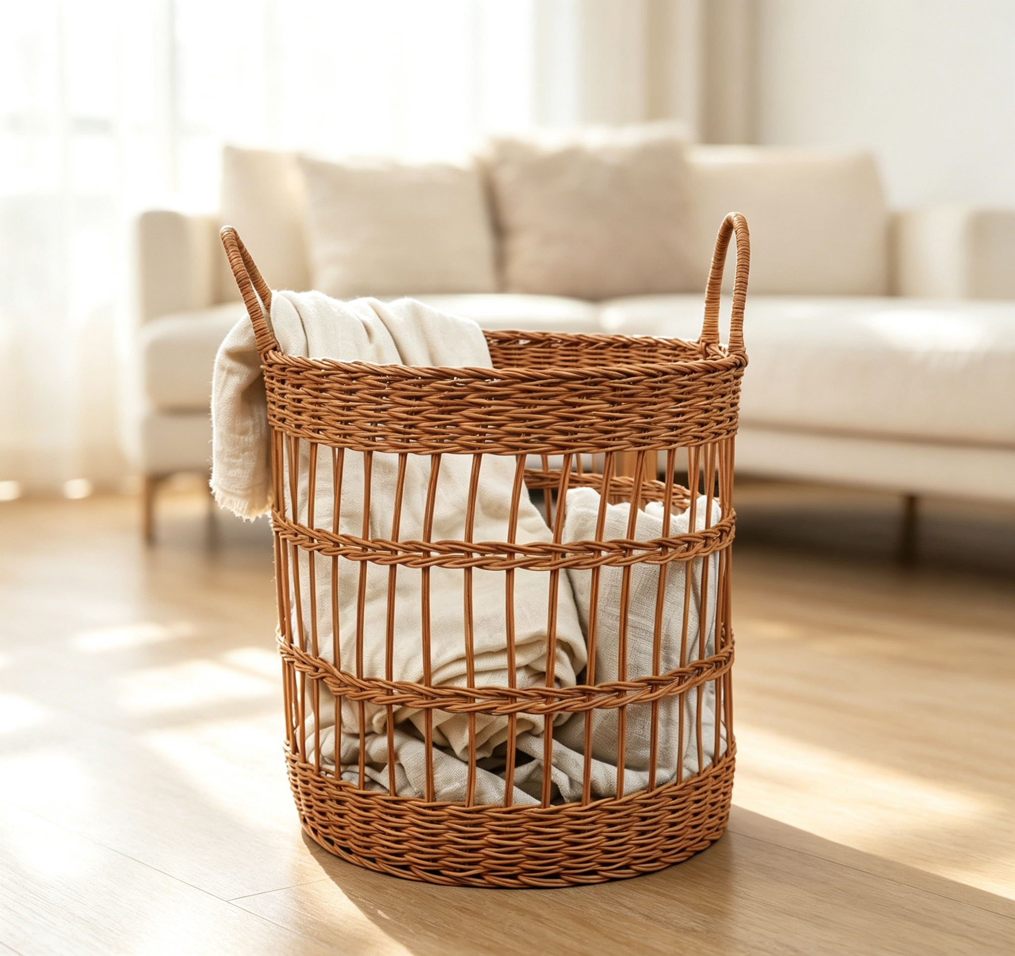 Round Rattan-Look Laundry Basket with Double Handles & Hollow Design
