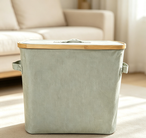 Bamboo Rim Lidded Waterproof Fabric Laundry Storage Bin