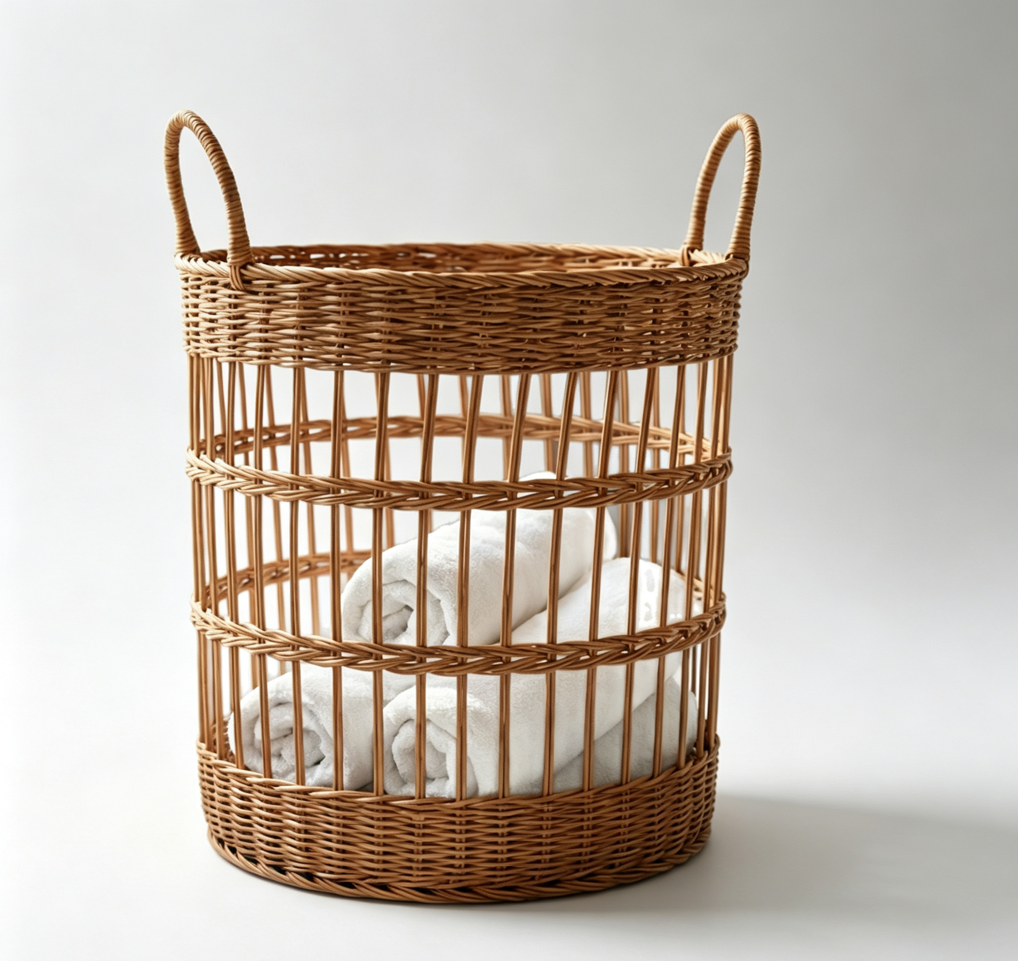 Round Rattan-Look Laundry Basket with Double Handles & Hollow Design