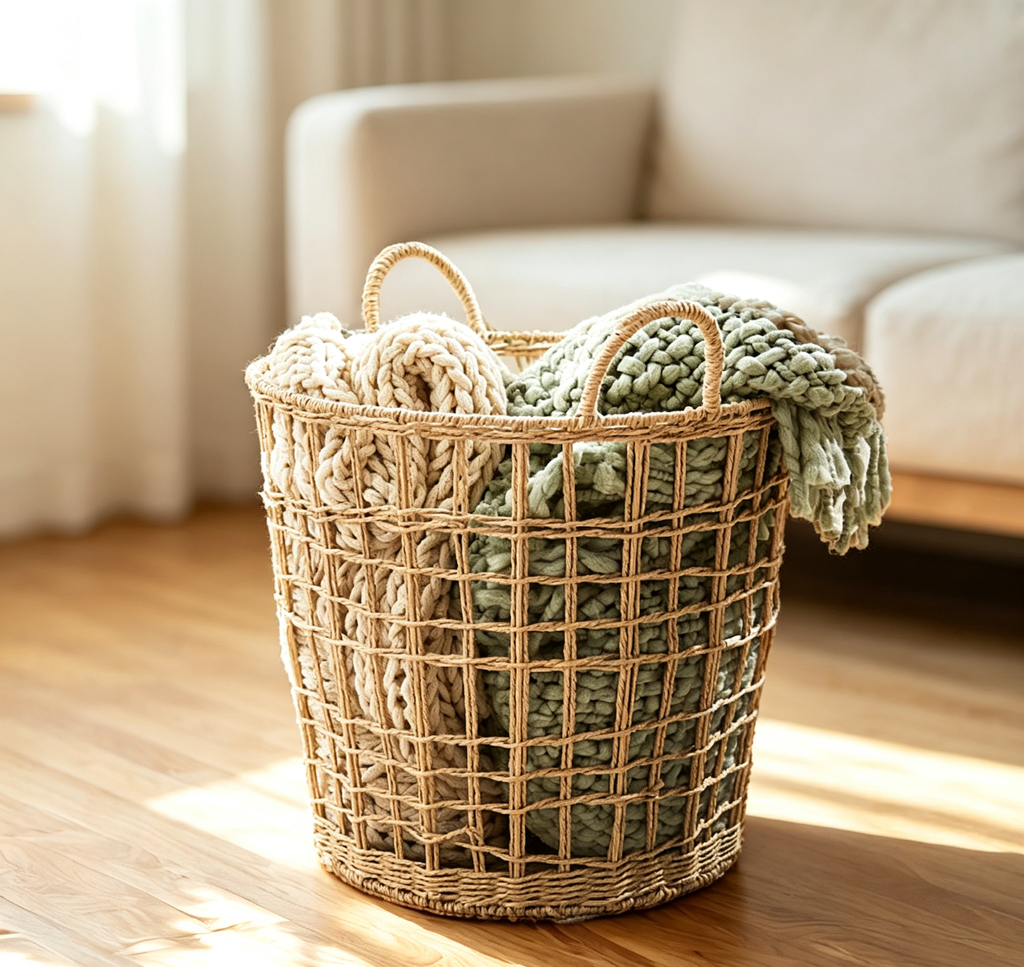 Natural Paper Rope Grid Hollow Round Laundry Basket with Double Handles
