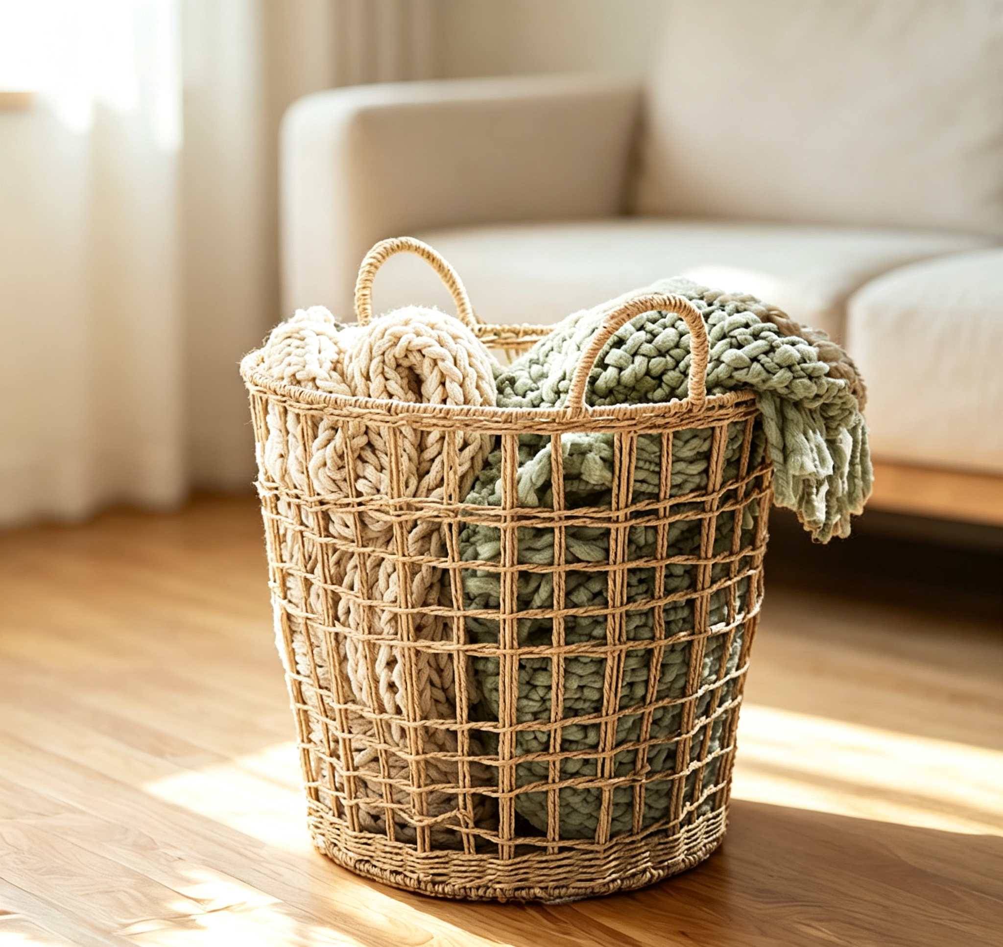 Natural Paper Rope Grid Hollow Round Laundry Basket with Double Handles