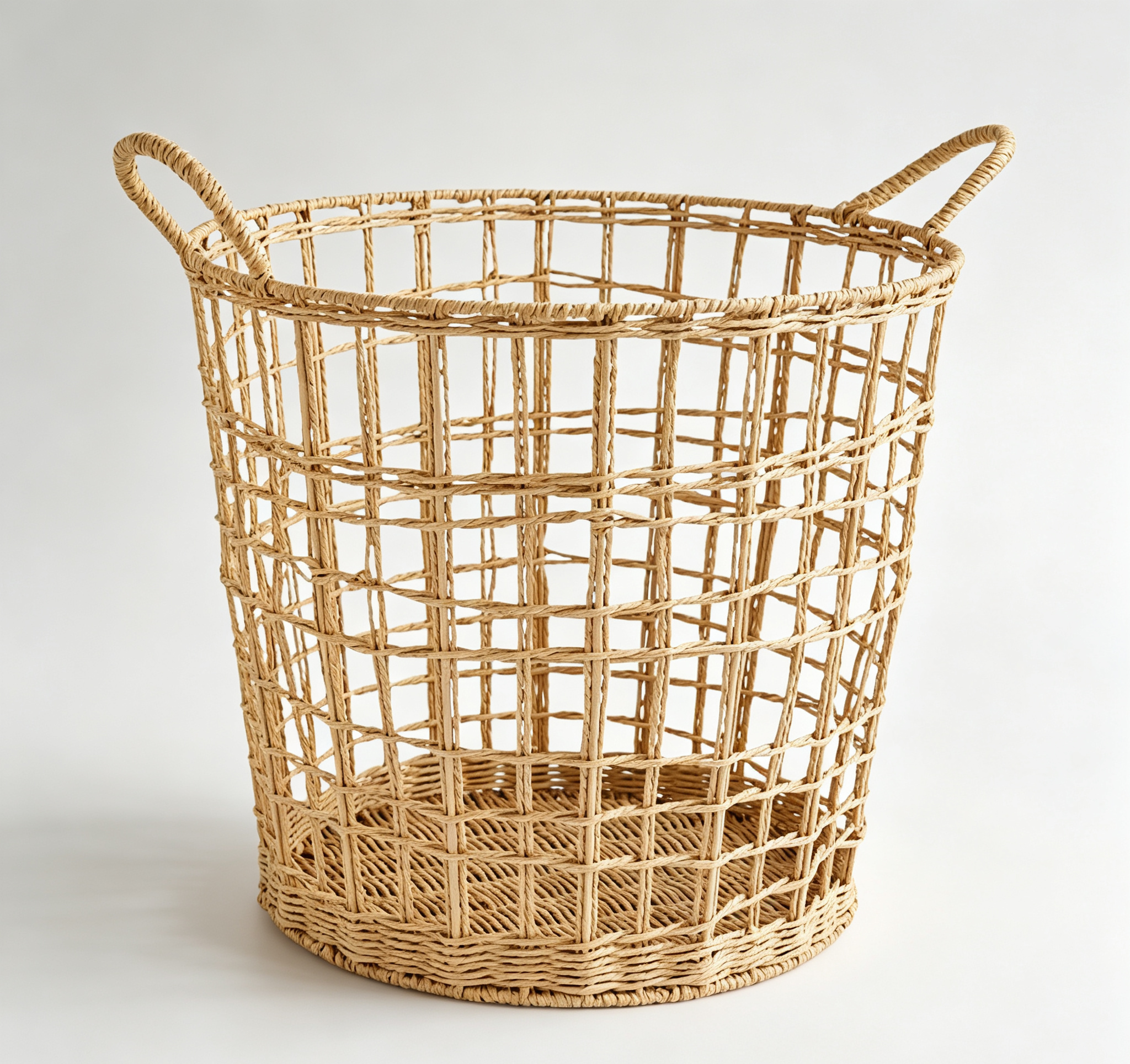 Natural Paper Rope Grid Hollow Round Laundry Basket with Double Handles