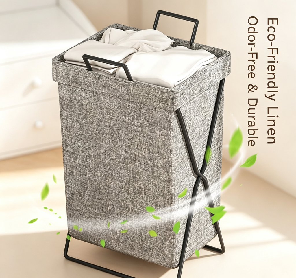 Foldable Metal Frame Linen Laundry Hamper with Lid
