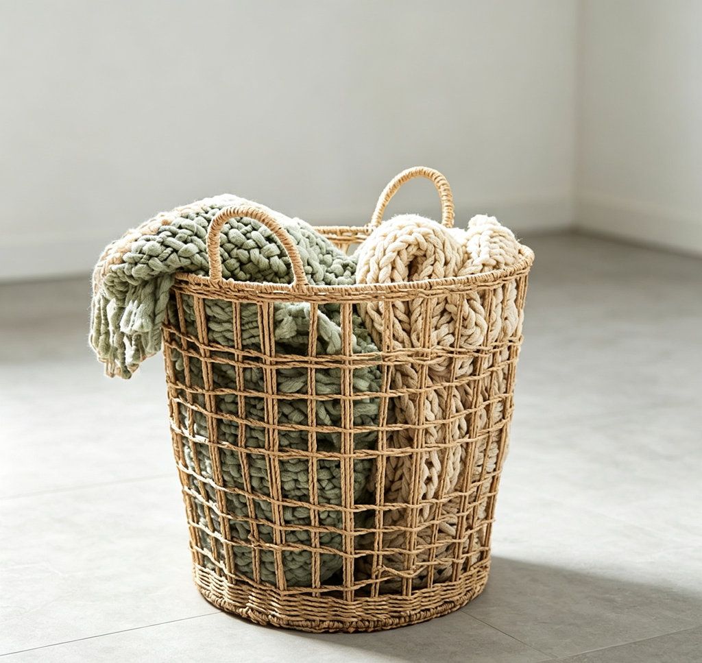 Natural Paper Rope Grid Hollow Round Laundry Basket with Double Handles