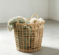 Natural Paper Rope Grid Hollow Round Laundry Basket with Double Handles