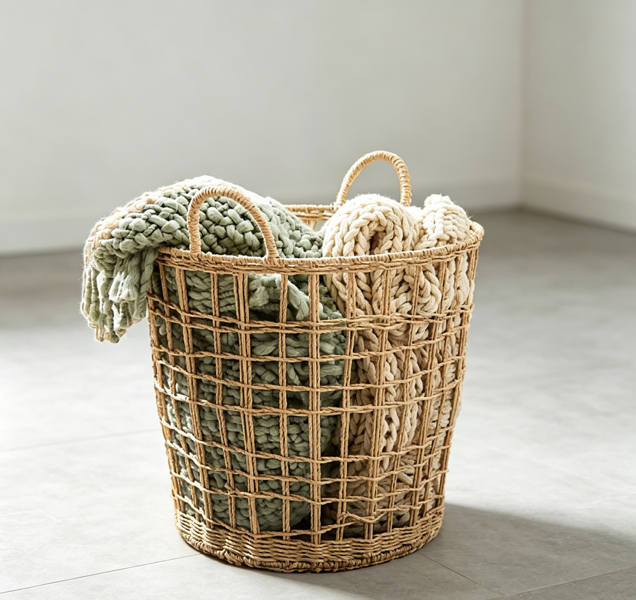 Natural Paper Rope Grid Hollow Round Laundry Basket with Double Handles